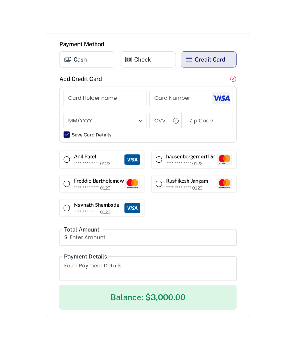 Payment Processing & Saved Cards Modal